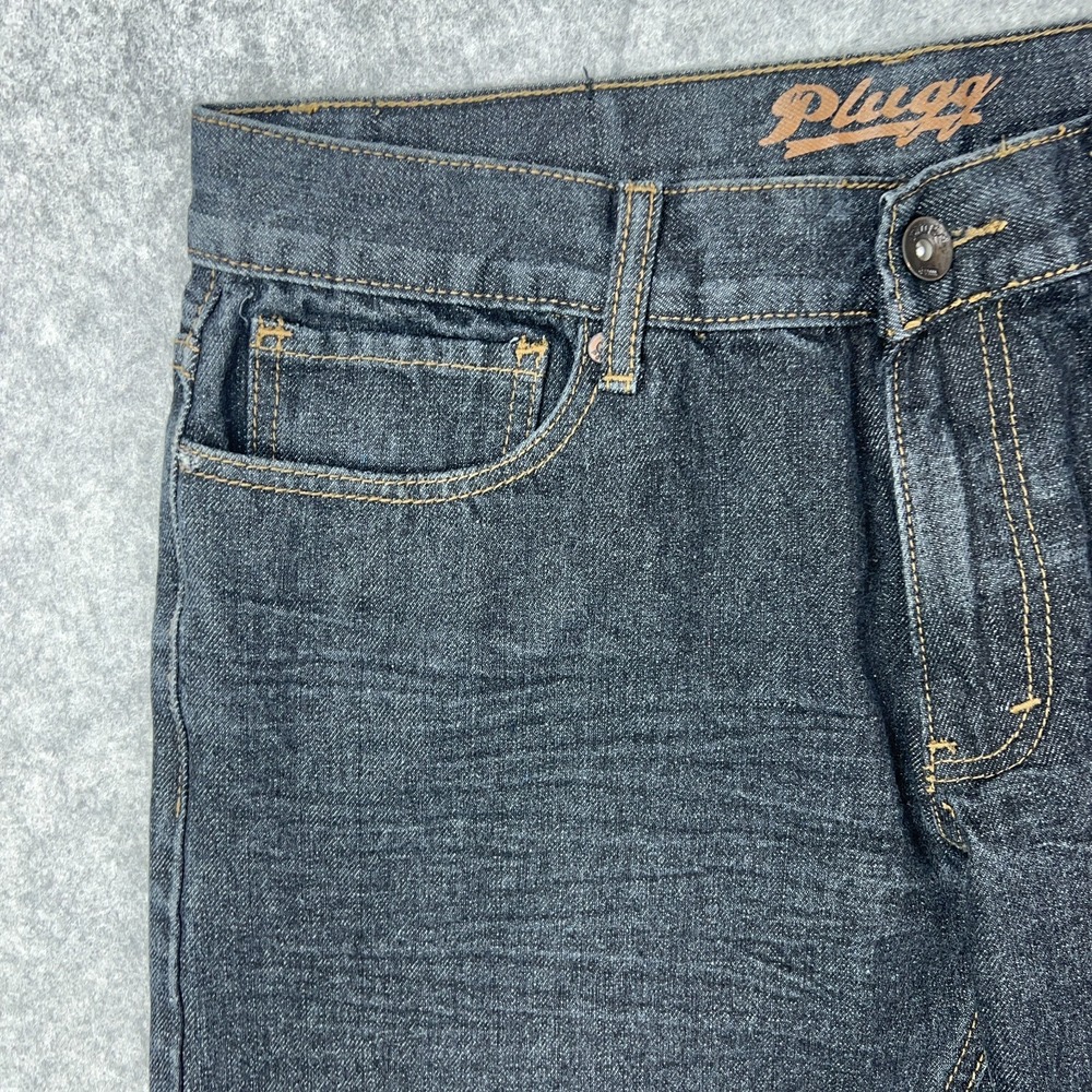 VTG Plugg Jeans Mens 32x30 Black Straight Leg Flap Pockets‎ Stretch Denim Y2K - Picture 3 of 14